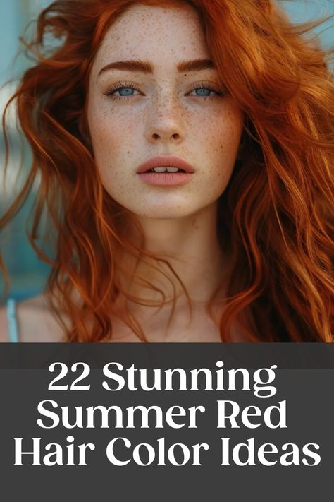 Red-haired woman with freckles against a blue background, text overlay reads "22 Stunning Summer Color Reds" Red Hair For Summer, Summer Red Hair Color, Summer Red Hair, Red Hair Streaks, Summer Skin Tone, Red Hair Color Ideas, Red Hair Trends, Rubber Band Hairstyles, Red Hair With Highlights