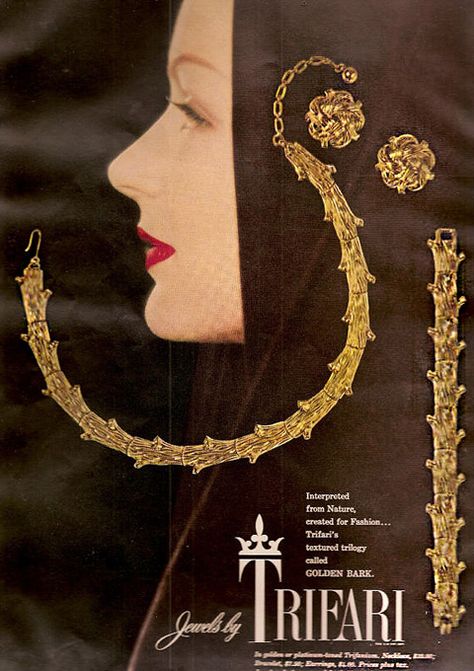 Trifari Golden Bark Ad 1955 Tree Trunk Pattern, Jewellery Advertising, Book Pieces, Trifari Jewelry, Best Friend Jewelry, Jewelry Ads, Vintage Trifari, Mid Century Jewelry, Vintage Jewels