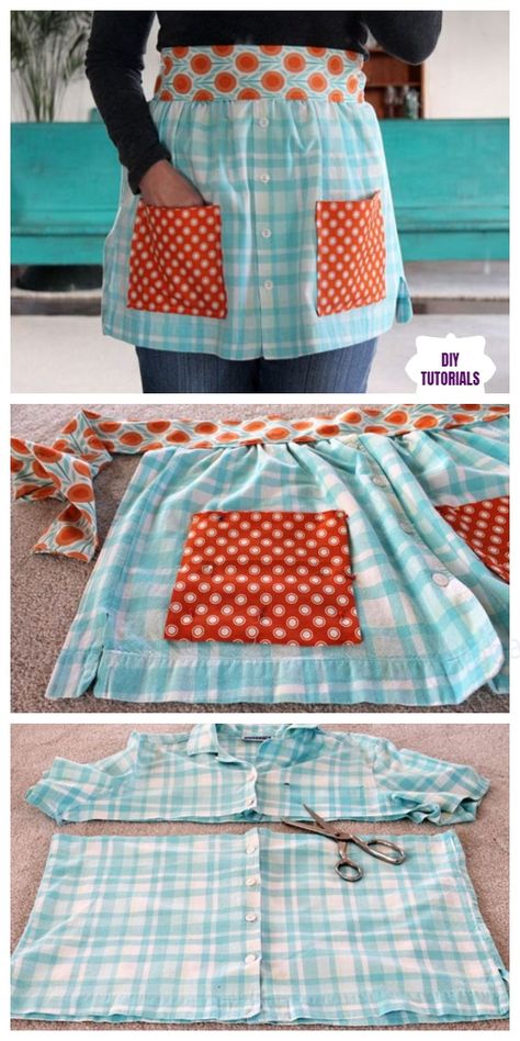 DIY Repurposed Apron From Shirts Free Sew Patterns & Tutorials Diy Aprons, Shirt Apron, Memory Ideas, Happy Homemaking, Diy Apron, Sewing Creations, Sew Patterns, Clothing Upcycle, Apron Sewing Pattern