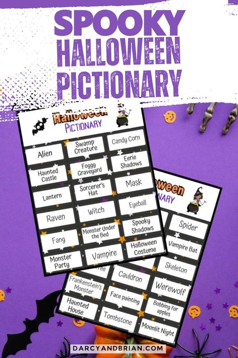 Halloween Blind Drawing Game, Halloween Pictionary Adults, Halloween Pictionary For Kids, Halloween Games Classroom, Halloween Pictionary Word List, Homeschool Halloween Party, Halloween Class Games, Halloween Charades For Kids, Halloween Guessing Game