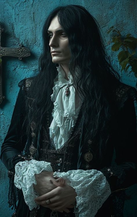 Vampire Long Hair Man, Medieval Vampire Art, Victorian Male Vampire, Vampire Wedding Suit, Romantic Goth Male, Royal Vampire Aesthetic, Male Vampire Aesthetic, Vampire Men, Vampire Man