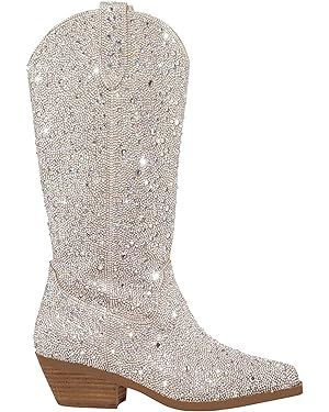 Amazon.com: Atuelang Boots for Women Rhinestone Bling Cowgirl Cowboy Boots Sparkly Knee-high Boots Fashion Pointed Toe Chunky Block Heel Mid Calf Booties Pull on Trending Western Boots Silver Size 9 : Clothing, Shoes & Jewelry High Cowboy Boots, Sparkly Boots, Tall Western Boot, Knee High Cowboy Boots, Madden Boots, Girl Sleeves, Shoes Boots Ankle, Beautiful Boots, Chunky Block Heels