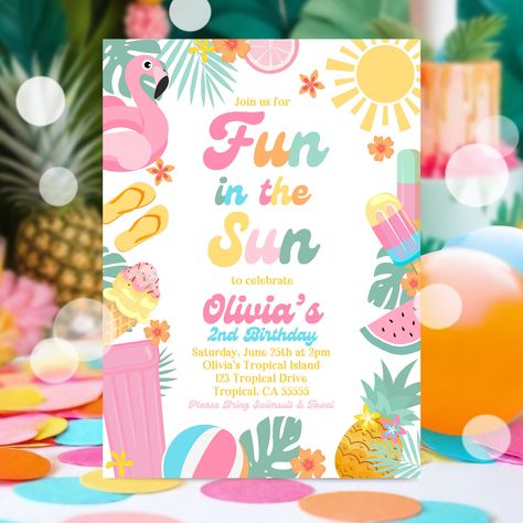 Picture this: A vibrant digital invitation radiating with the vibrant hues of a tropical paradise on this splash pad birthday party invitation. Around the border of the invitation dance an array of clipart summer elements, each adding to the anticipation of the event. Brightly colored beach balls bounce across the page, while sleek pool floats in the shape of tropical fruits beckon guests to dive in and cool off. The sound of splashing water seems almost palpable, as if the invitation itself... Sun Birthday Party, Summer Elements, Pool Party Birthday Invitations, Sun Birthday, Beach Balls, Pool Birthday, Computer Basic, Pool Party Invitations, Pool Birthday Party