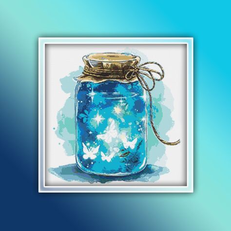 Jar Cross Stitch, Butterfly Jar, Bottle Watercolor, Magical Butterfly, Watercolor Cross Stitch, Watercolor Cross, Butterfly Cross Stitch, Stitch Shop, Design Websites