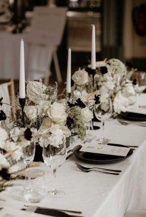 Summer Black Tie Wedding, Modern Menu Design, Black Tie Wedding Theme, Black Tie Wedding Decor, Black And White Luxury, Top Table Flowers, Wedding Top Table, Candle Table Centerpieces, Black And White Wedding Theme