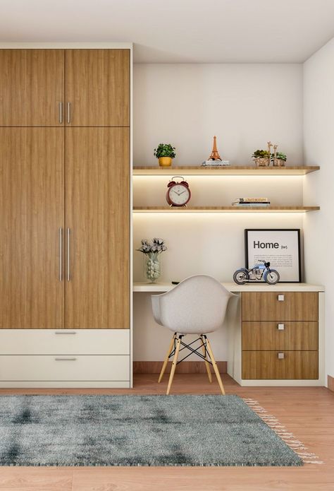 Wooden Wardrobe With Study Unit Wardrobe Design Bedroom Modern, Bedroom Wardrobe Ideas, Home Study Rooms, Wooden Wardrobe Design, Bedroom Wardrobe Design, Study Table Designs, Study Room Design, Modern Kids Room, Bedroom Cupboard Designs