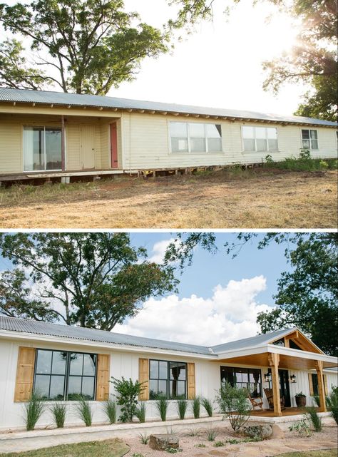 Joanna Gaines // Fixer Upper // Season 3 Renovation Facade, Mobile Home Exteriors, Mobile Home Makeovers, Mobile Home Renovations, Manufactured Home Remodel, Ranch Remodel, Home Exterior Makeover, Exterior Renovation, Remodeling Mobile Homes