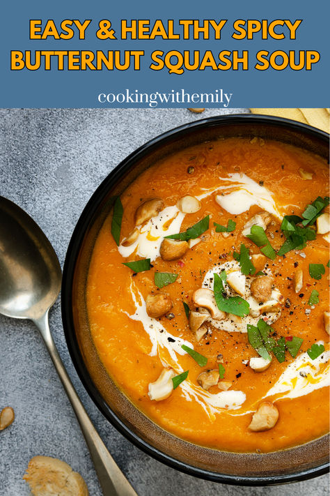 Easy spicy butternut squash soup, that delivers on flavour for this spicy butternut squash soup is bound to become a favourite! Soup Indian, Spicy Butternut Squash, Spicy Butternut Squash Soup, Spicy Soup Recipes, Soup Maker Recipes, Soup Maker, Spicy Soup, Fall Recipes Healthy, Fall Recipe