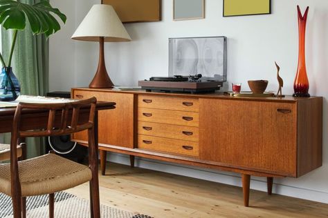 What Is a Credenza—and How Do You Use One? Credenza Styling, Sideboards And Buffets, Credenza Decor, Sideboard Styles, Glass Front Cabinets, Mid Century Sideboard, Home Design Living Room, Living Room Storage, Real Simple