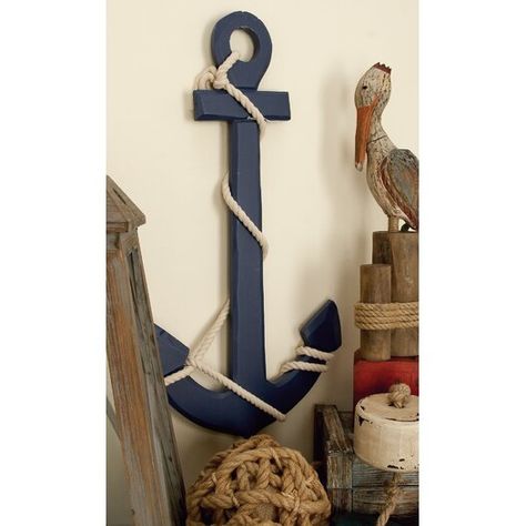 Breakwater Bay Wetzel Ship Wheel Wall Décor | Wayfair Anchor Wall Decor, Wood Anchor, Navy Blue Walls, Coastal Wall Decor, Rope Wrapped, Nails And Screws, Blue Wood, Jute Rope, Wall Anchors