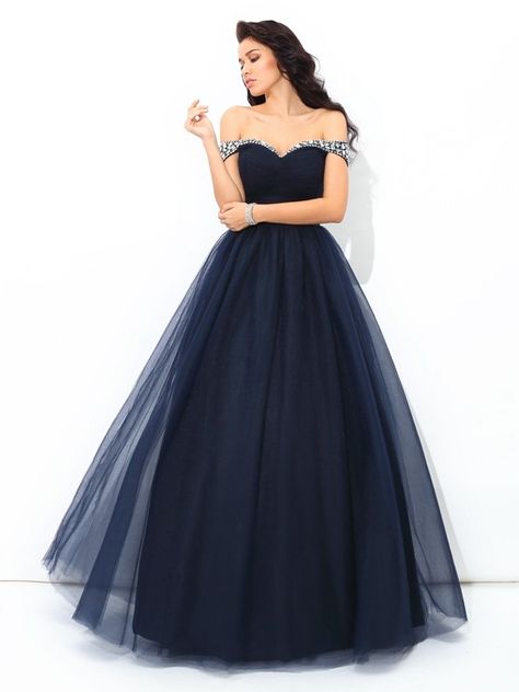 Ball Gown Off-the-Shoulder Beading Sleeveless Long Net Quinceanera Dresses Net Gown, Navy Prom Dresses, Blue Ball Gowns, Prom Dress Plus Size, Marine Uniform, Prom Dresses 2019, Beaded Tulle, Gown Prom, Ball Gowns Prom