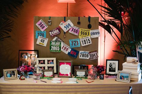 Cute idea for guest table Wedding Running, Marathon Party, Running Bibs, Pleasanton California, Table Markers, Graduation Open Houses, Guest Book Table, Guest Table, Book Table