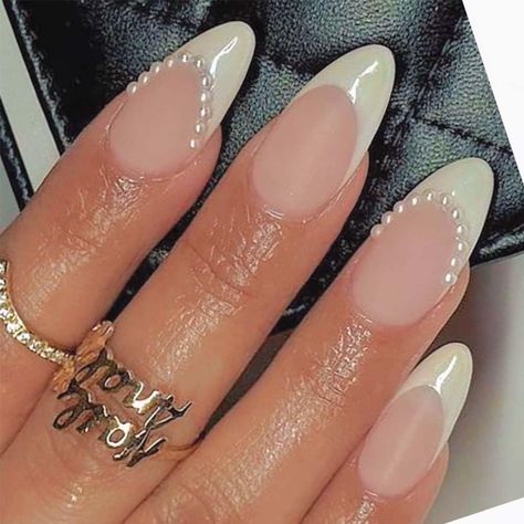 Engagement Nails With Pearls, Cute Nails For A Wedding, Wedding Nails Vintage, Nail Inspo Acrylic White, Almond Pearl French Tip Nails, Hoco Nails For White Dress, Cute Nails For Wedding, White Rabbit Nails, Nails For A Wedding Bridesmaid