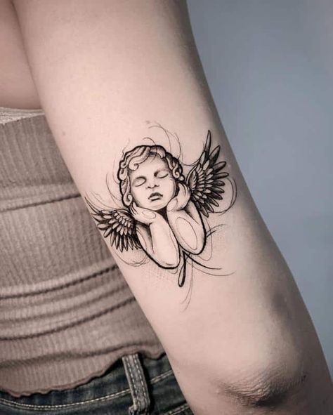 Peaceful Cherub Tattoo 2 Cherubs Tattoo, Cherub Tattoo Designs, Angel Tattoo For Women, Angle Tattoo, Cupid Tattoo, Cherub Tattoo, Hand Tattoos For Girls, Saved Tattoo, Forarm Tattoos