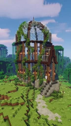 Study Tower Minecraft, Glass Bee Dome Minecraft, Cool Minecraft Builds Big, Frog Cage Minecraft, Water House Minecraft Ideas, Glass Greenhouse Minecraft, Green House In Minecraft, Minecraft Building Ideas Mangrove, Upgrading Minecraft Village