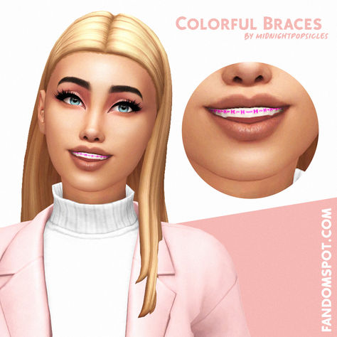 Custom colorful braces with multiple swatches for any Sim! Whether your teen sim just got braces or maybe your adult sim is prepping to straighten out their teeth, this dental-focused CC can work for any Sim in the household. Sims 4 Cc Teeth Jewelry, Sims4 Braces Cc, Sims 4 Colored Braces, Alpha Teeth Sims 4, The Sims 4 Cc Braces, Cc Teeth Sims 4, Sims4 Braces, Sims 4 Tooth Gems, Sims 4 Dimples All Ages