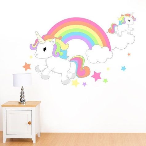 Unicorn And Rainbow Bedroom Ideas, Girls Bedroom Mural, Rainbow Bedroom, Unicorn Bedroom, Kids Room Murals, Toddler Girl Room, Murals For Kids, Bedroom Murals, Rainbow Room