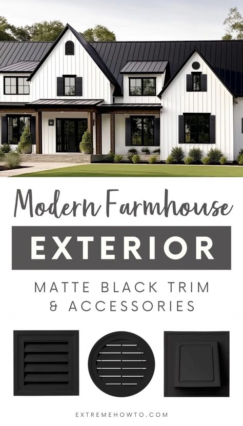 Matte black in home design has made its way from the inside out—and it’s here to stay. The new Ply Gem® line of exterior accessories in 498 Black is a bold and sleek high-contrast color that elevates exteriors with an eye-catching hue that won’t fade over time. Learn more about house colors, casa exterior inspiration, home improvement projects, farmhouse exterior design and using exterior house colors to add curb appeal at extremehowto.com! White House Iron Ore Trim, Color Schemes For Exterior Of House, Black Soffit And Fascia White House, White And Black Farmhouse Exterior, Ranch Exterior Color Schemes, Black And White Exterior House, Black Farmhouse Exterior, Black Trim Exterior House, White House Black Trim