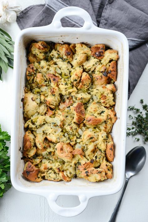 Simple Herb Sourdough Dressing - Simply Scratch Sourdough Stuffing Recipe, Sourdough Stuffing, Bread Dressing, Homemade Stuffing, Thanksgiving Recipes Side Dishes, Low Sodium Chicken Broth, Stuffing Recipes, Holiday Cooking, Dressing Recipe