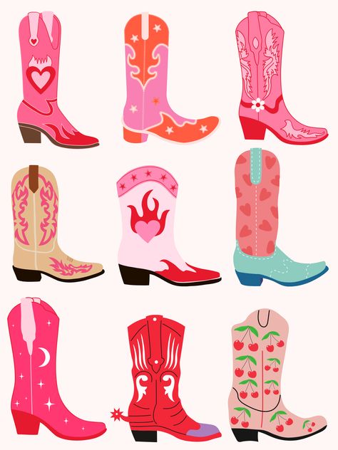 Colorful Cowgirl Aesthetic, Cowboy Boot Sticker, Retro Cowgirl Aesthetic, Cowboy Boot Pattern, Cowboy Boots Illustration, Fashion Editorial Men, Cowgirl Boots Art, Pink Aesthetic Poster, Boot Illustration