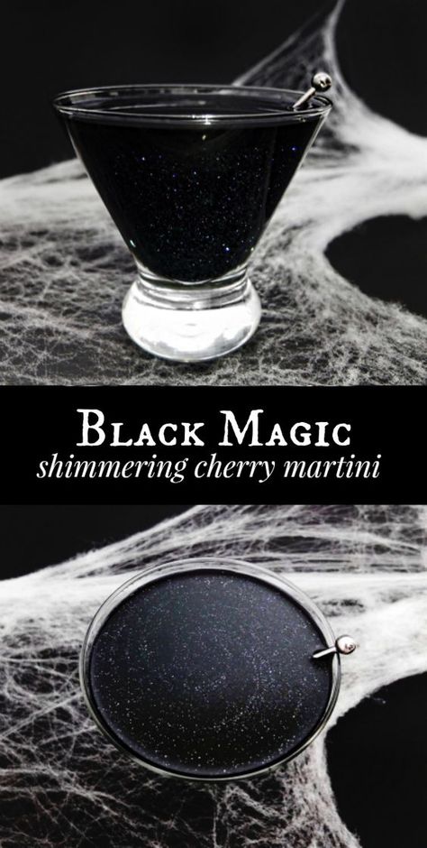 A Black Magic cocktail, black glittered Halloween or Galaxy cocktail made with black vodka, Wilton shimmer dust, orange juice, and cherry juice. With DIY for black vodka. // www.ElleTalk.com // Halloween cocktail, witch cocktail, galaxy cocktail, glitter cocktail, shimmer cocktail. Galaxy Cocktail, Black Vodka, Cherry Martini, Halloween Cocktail, Halloween Cocktails, Blue Curacao, Halloween Drinks, Cherry Juice, Alcohol Drink Recipes