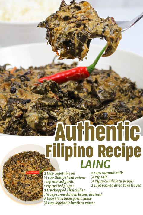 Try this vegan version of Bicolanos’ classic Laing recipe – a creamy and spicy dish made of dried taro leaves cooked with coconut milk, Thai chilies, and black beans. Serve this with a bowl of steamed rice and enjoy a healthy family lunch or dinner! Vegan Laing Recipe Filipino, Taro Leaves Recipes, Laing Recipe Filipino How To Make, Filipino Food Recipes Authentic, Filipino Seafood Recipes, Gulay Recipe Filipino Food, Laing Recipe Filipino, Pinoy Lunch, Filipino Recipes Authentic