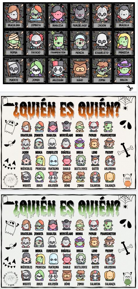 Se trata de el clásico juego de quién es quién llevado a la temática de halloween. Elegimos una tarjeta aleatoriamente y ya tenemos nuestro personaje, cada persona tiene un tablero de un color (naranja/verde). Habrá que adivinar quién es cada personaje haciendo preguntas de si/no sobre el aspecto físico. Así trabajamos expresión oral y descripciones físicas. Juegos Halloween, Graphic Ideas, Ideas Halloween, Learning Spanish, Halloween, Instagram