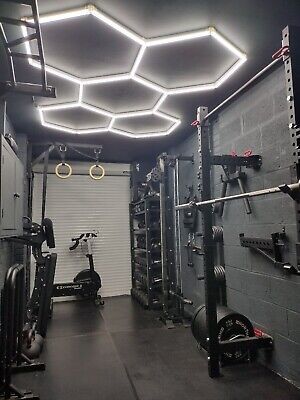 Gym Lighting Ideas Ceilings, Home Gym Lighting Ideas, Gym Ceiling, Hexagon Lights, Gym Designs, Gym Lighting, House Gym, Home Gym Garage, Car Detail