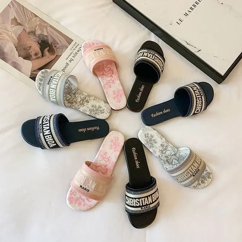 Slippers for women wearing on the outside, new round toe flat bottomed embroidered letter one line beach sandals for summer. US $38.81 🛒❤💯 Buy:https://s.click.aliexpress.com/e/_DBupMAx #womensfashion #women #style #summertime #shoes #casual #sandals #Slippers #female Luxury Slides, Cheap Slippers, Soft Sole Slippers, Colored Sandals, Comfortable Slippers, Fur Shoes, Soft Slippers, Slippers For Women, Designer Slippers