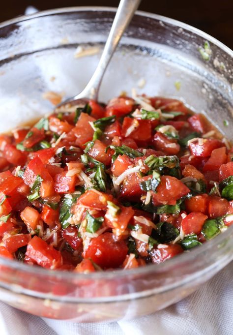 Brusetta Appetizer Recipe, Bruschetta Recipe With Parmesan, Greek Bruschetta, Bruschetta Tomatoes, Brusetta Appetizer With Cheese, Bruschetta Appetizers Appetizer Ideas, Recipes For Bruschetta, Bruschetta Bowl, Bruschetta Topping Recipe