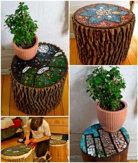 Beautiful Way of Reusing Old Wood Logs With Ceramics Into Stools • Recyclart Mosaic Tree, Log Crafts, Stump Ideas, Log Ideas, Tree Stump Table, Wood Stumps, Ceramic Stool, Tree Stumps, English Decor