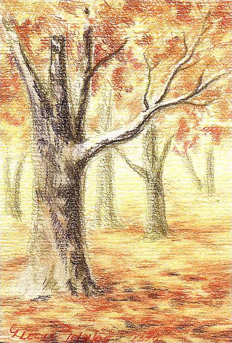 Autumn Color Pencil Drawing, Fall Colored Pencil Drawings, Toned Paper Drawing Colored Pencils, Painting With Color Pencil, Colour Pencil Drawing Easy, Colored Pencil Art Ideas, Colored Pencil Landscape, Colour Pencil Art Landscapes, Autumn Drawing Ideas