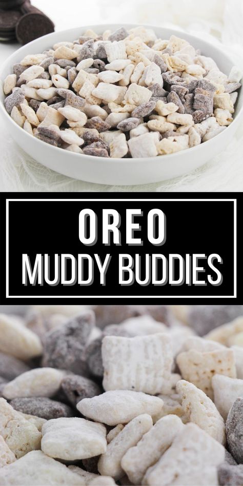 Cookies and Cream Muddy Buddies are the perfect muddy buddies. This recipe will be perfect for family game nights, gift giving or party treat. Optavia Desserts, Muddy Buddy Recipe, Puppy Chow Snack, Muddy Buddies Recipe, Muddy Buddy, Puppy Chow Recipes, Chex Cereal, Chex Mix Recipes, Kids Camp