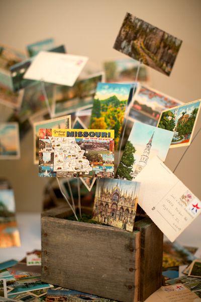 This couple used vintage postcards as their guestbook, and when guests were done filling them out, the maid of honor mailed them a few at a time to the bride and groom. So great! Every time they get them in the mail, they get to relive their day. Love it. Postcard Decor Ideas, Collecting Postcards, Wedding Couple Table, Edward Tulane, Postcard Display, Travel Party Theme, Rustic Wedding Decorations, Winter Tea, Crystal Garden