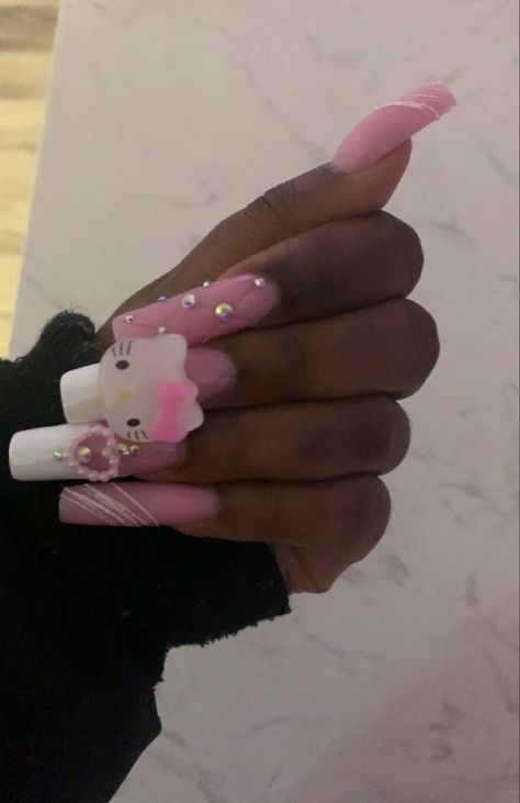 Pink Strawberry Nails, Pink Hello Kitty Nails, French Nails Acrylic, Strawberry Nails, Pink French Nails, Kitty Nails, Hello Kitty Nails, Pink French, Pink Strawberry