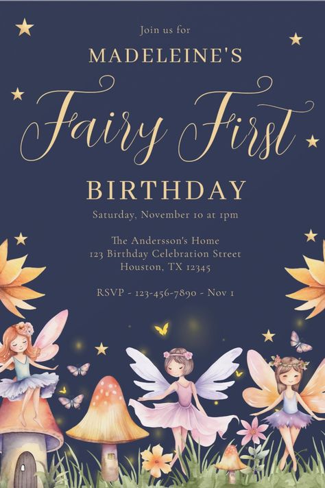 Magical fairy first birthday party invites featuring adorable woodland fairies. 1st birthday party invites for girls. afflink Fairy Woodland Birthday Party, First Birthday Girl Invitations, Fairy First Birthday Party, Fairy Party Invitations, First Birthday Party Invitations, Woodland Fairies, Woodland Birthday Party, Woodland Birthday, 1st Birthday Invitation