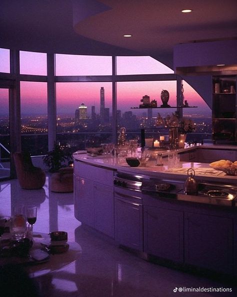 Penthouse Apartment Aesthetic, 80s Apartment, Penthouse Aesthetic, 80s Luxury, Synthwave Aesthetic, 90s Interior, 80s Interior Design, 80s House, Miami Apartment