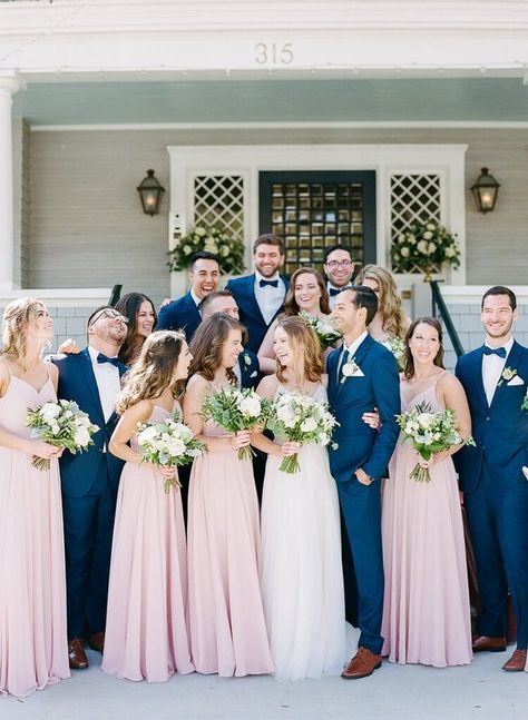 Navy Blue Suit Wedding, Blue Tuxedo Wedding, Blue Groomsmen, Blue And Blush Wedding, Blush Wedding Colors, Bridesmaids Groomsmen, Blue Suit Wedding, Navy Blue Bridesmaid Dresses, Pink Wedding Dresses