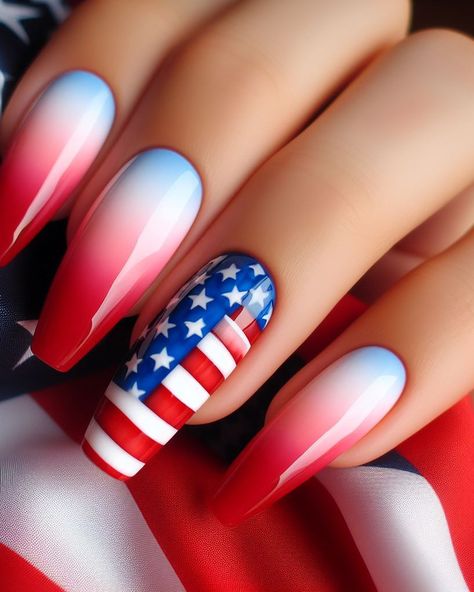 70+ 4th of July Nail Art Ideas: Star-Spangled Perfection Effortlessly | Pocoko Red White And Blue Ombré Nails, Chrome Fourth Of July Nails, Ombre Fourth Of July Nails, French Tip Fourth Of July Nails, Fourth Of July Ombre Nails, Mexican Flag Nails Designs, Red White And Blue Acrylic Nails, Red White Blue Ombre Nails, 4th Of July Ombre Nails