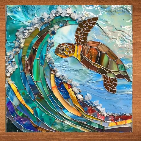 5143_WA_TILE Sea Glass Look Sea Turtle Decorative Ceramic Tile Art Piece Handcrafted Glossy Ceramic Art Tile - Perfect Home Decor & Gift Discover the beauty and craftsmanship of our glossy ceramic art tiles, created with love in our family studio nestled in the foothills of the Great Smoky Mountains in East Tennessee. These artful pieces are designed to bring elegance and charm to any space. Available in Two Convenient Sizes: 6 1/8" x 6 1/8" 8" x 8" Versatile Decor Options: Our ceramic art tiles Glass Mosaic Art Ideas, Sea Mosaic Ideas, Ocean Mosaic Ideas, Maria Bottle, Mosaic Sea Life, Mosaic Art Sea, Ocean Mosaic, Mosaic Water, Tile Art Projects