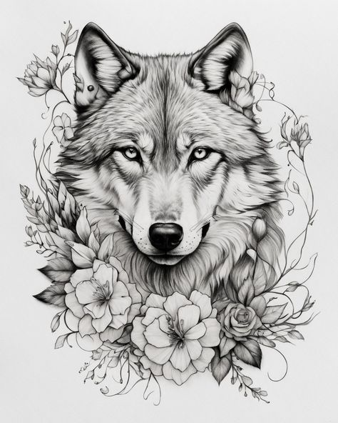 Wolf With Flowers Tattoo, Bold Line Art, Wolf With Flowers, Wolf Face Tattoo, Husky Tattoo, Wolf Tattoos For Women, Native Wolf, Simple Line Tattoo, Wolf Tattoo Sleeve