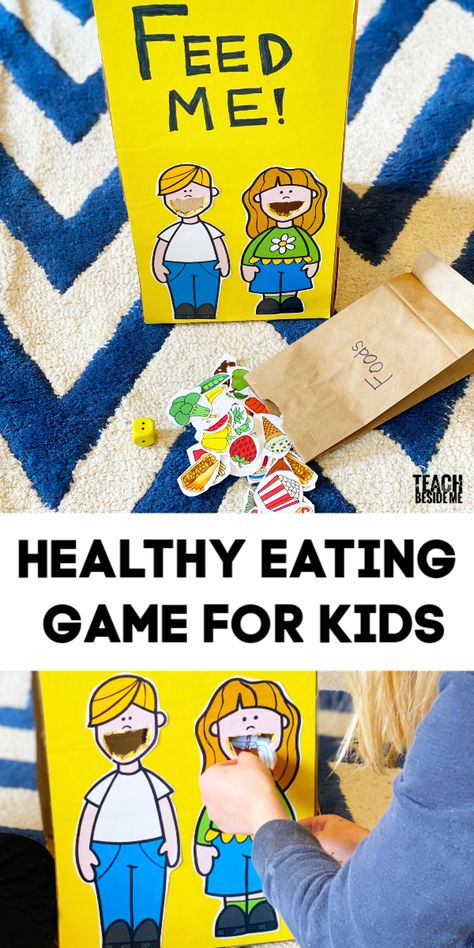 Teach Kids healthy eating and nutrition with this feed me game- also helps with math counting skills!  #healthykids #nutrition #mathgame #health #learninggame #kidsactivities Nutrition Activities For Prek, Healthy Food Project, Healthy Eating Kids Activities, Healthy Me Crafts For Preschoolers, Healthy And Unhealthy Food Activities For Preschool, Feed Me Activity For Kids, Healthy Foods Activities For Preschool, Healthy Body Activities For Preschoolers, Food Activity Preschool