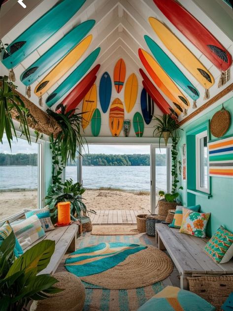 Room Decor Summer Vibes, Beach Shack Aesthetic, Beach Cabin Interior, Beach Design Ideas, Surf Shop Aesthetic, Lake House Decorating Ideas, Lake House Decorating, Colorful Beach House Decor, Hawaiian Bedroom