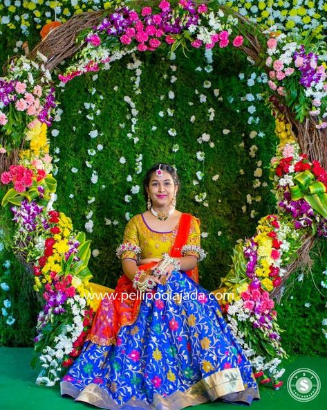 Leaf Decor Wedding, Hindu Wedding Decorations, Saree Function, Half Saree Function, Wedding Hall Decorations, Wedding Background Decoration, Telugu Wedding, Personalized Wedding Decor, Desi Wedding Decor