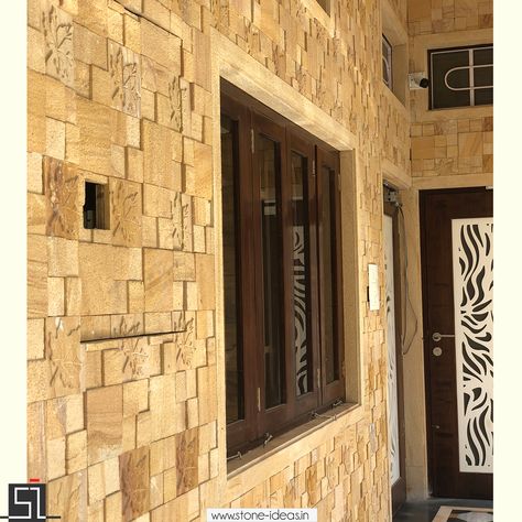 Front Elevation Tiles Design India, Exterior Wall Tiles House India, Wall Tiles Exterior Front Doors, Natural Stone Cladding Exterior, Home Front Wall Tiles Design, Front Elevation Tiles, Front Wall Tiles, Stone Elevation, Stone Cladding Tiles