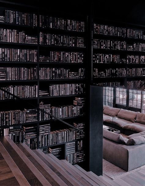 Black And White Library Aesthetic, Huge Bookshelf Aesthetic, Dark Home Library, Big Book Shelf, Mafia House Aesthetic, Library Dark, Dark Modern House, Black Library, Dark Academia Wallpaper