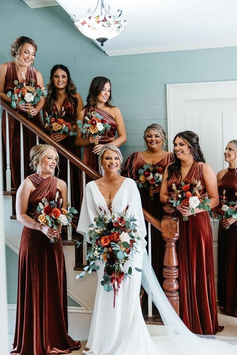 Rust And Red Wedding, Dark Boho Wedding Bridesmaid Dresses, Wedding With Turquoise Jewelry, Fall Wedding Ideas Burnt Orange, Rust Coloured Bridesmaid Dress, Rust Red Wedding Color, Rust Sage And Beige Wedding, Boho Maroon Wedding, Multiple Color Bridesmaid Dresses Fall