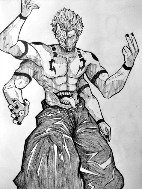 Sukuna | Jujutsu Kaisen,  on ArtStation at https://www.artstation.com/artwork/zxOk12 Jujutsu Kaisen Manga Drawing, Sukuna Sketch Pencil, How To Draw Sukuna, Sukuna Artwork, Jujutsu Kaisen Sketch, Sukuna Sketch, Jujutsu Kaisen Drawing, Sukuna Drawing, Motion Drawing