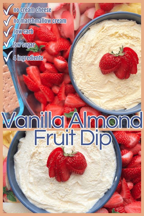 Creamy Vanilla Almond Fruit Dip is made with 4 simple ingredients; Cool Whip, vanilla pudding, milk, and almond extract. This easy fruit dip recipe comes together in minutes and will be the perfect addition to your fruit platter. No marshmallow creme and no cream cheese are needed for this one. In fact, this one is low in calories making it almost guilt free! Whip Cream Fruit Dip, White Cake Mix Cool Whip Vanilla Pudding Dip, Amaretto Fruit Dip Recipe, Fruit Dip With Vanilla Pudding, Fruit Dip No Cream Cheese, Fruit Dip With Pudding, Vanilla Pudding Fruit Dip, Low Calorie Fruit Dip, Fruit Dip With Sour Cream