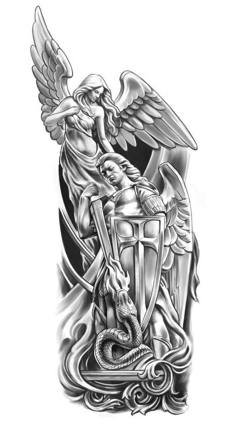 Saint Michael Tattoo Design, Snake Warrior, Angel Tattoo Drawings, Angel Warrior Tattoo, Angel Sleeve Tattoo, Christus Tattoo, Guardian Angel Tattoo Designs, St Michael Tattoo, Archangel Tattoo